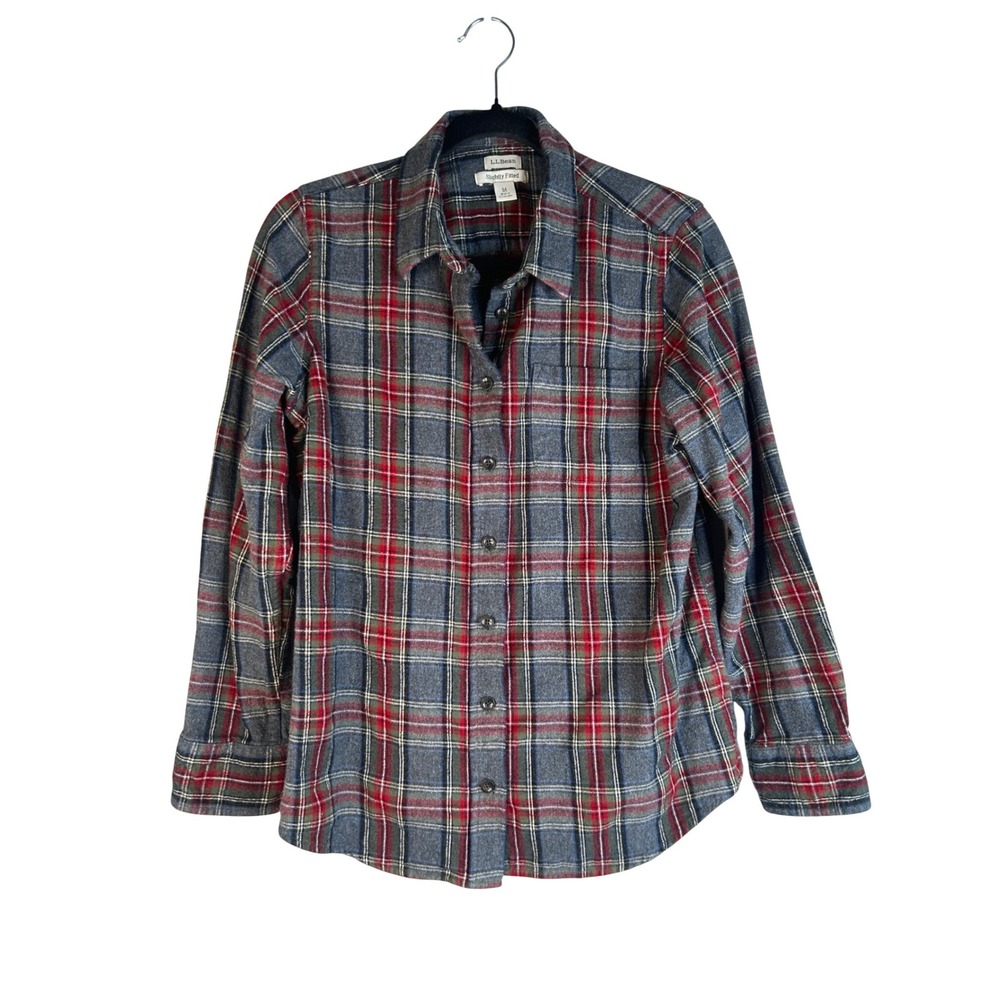 L.L.Bean Women's Grey Plaid Slightly Fitted Flannel Button Down Shirt Med Petite